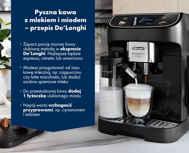 Pyszna kawa z mlekiem i miodem, przepis De'Longhi - infografika.