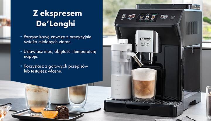 Z ekspresem De’Longhi: parzysz kawę zawsze z precyzyjnie świeżo mielonych ziaren; ustawiasz moc, objętość i temperaturę napoju;  korzystasz z gotowych przepisów lub testujesz własne - infografika.